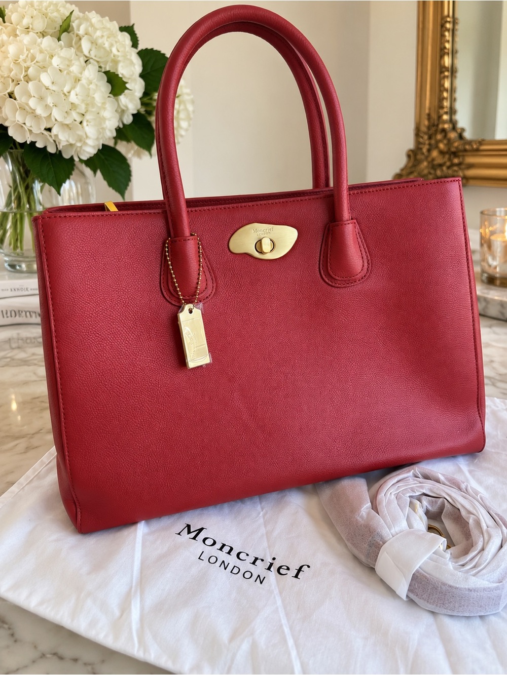 Moncrief London Large Red Italian Pebbled Leather Tote Bag NWOT 15x10x6”
